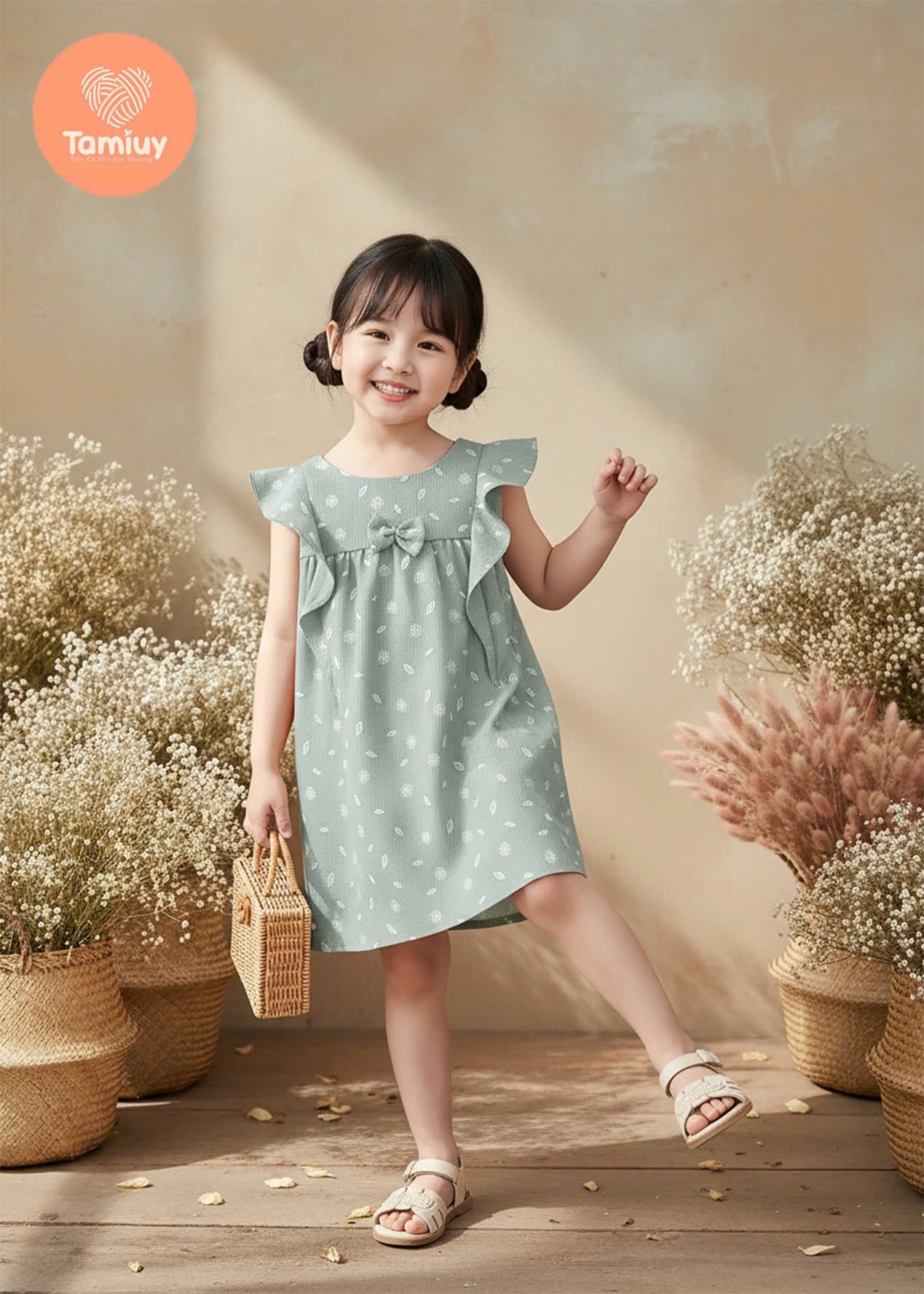  Đầm Bé Gái Họa Tiết Hoa Nhí TAMIUY , Phối Bèo Tay Dễ Thương, Đi Chơi Đi Tiệc Size 2-12 