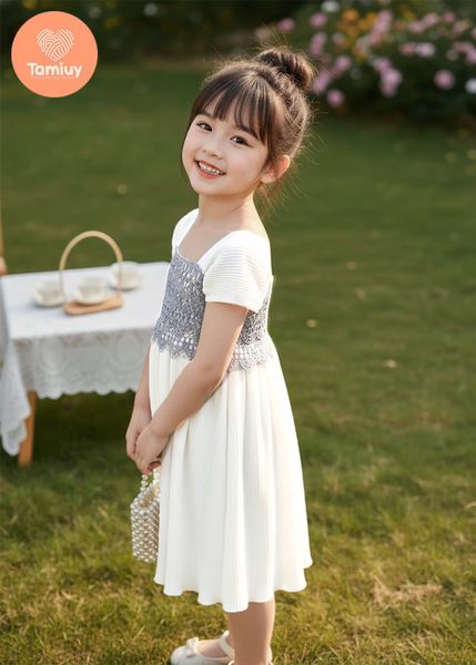  Đầm Bé Gái Dáng Xòe Phối Ren TAMIUY, Đi Tiệc Đi Chơi (4 Màu) Size 2-12 