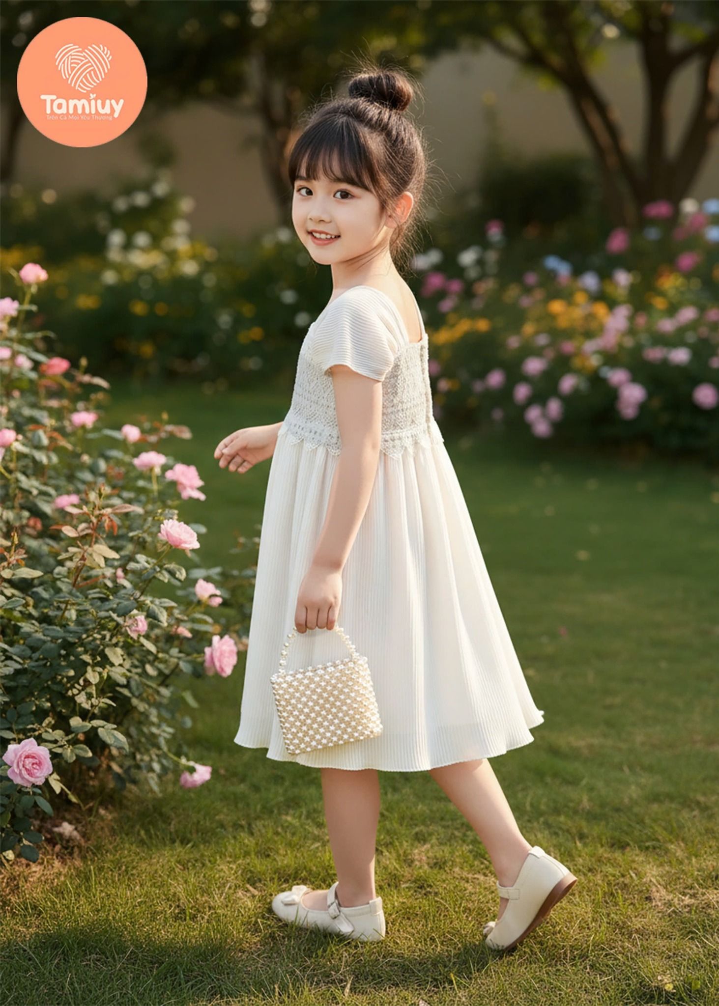  Đầm Bé Gái Dáng Xòe Phối Ren TAMIUY, Đi Tiệc Đi Chơi (4 Màu) Size 2-12 