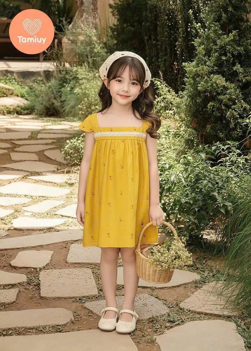  Đầm Bé Gái Hoa Nhí Vintage TAMIUY, Váy Trẻ Em Cotton Mềm Mại Phong Cách Hàn Quốc (Hồng / Vàng / Xanh) 