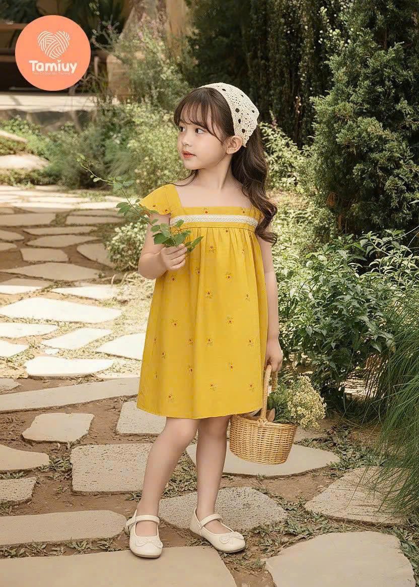  Đầm Bé Gái Hoa Nhí Vintage TAMIUY, Váy Trẻ Em Cotton Mềm Mại Phong Cách Hàn Quốc (Hồng / Vàng / Xanh) 