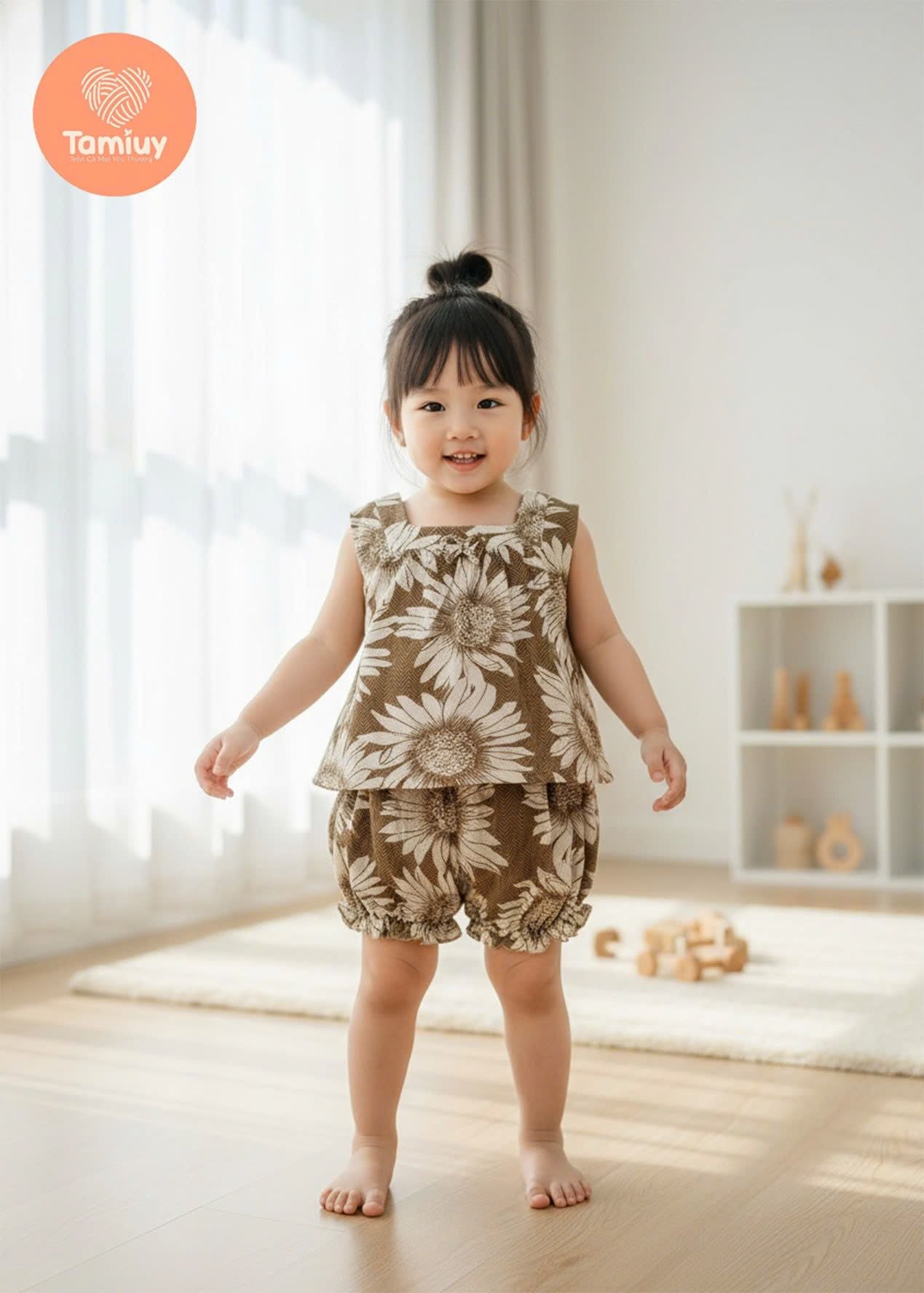  Bộ Bé Gái Tamiuy Hoa Hướng Dương Quần Phồng Cho Bé 5-16 kg 