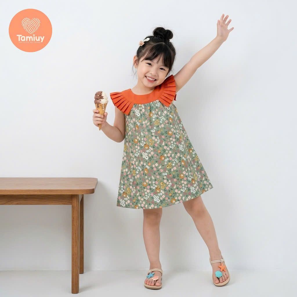  Đầm Bé Gái Tamiuy Thiết Kế Cổ Bèo Xếp Ly, Cotton Mềm Mại, Cao Cấp (1-10T) 