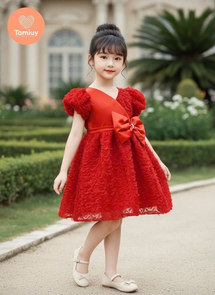  Đầm Hoa Hồng Xoè Đính Nơ  Eo  Tamiuy Voan Mềm Cho Bé Từ 10-38 kg 