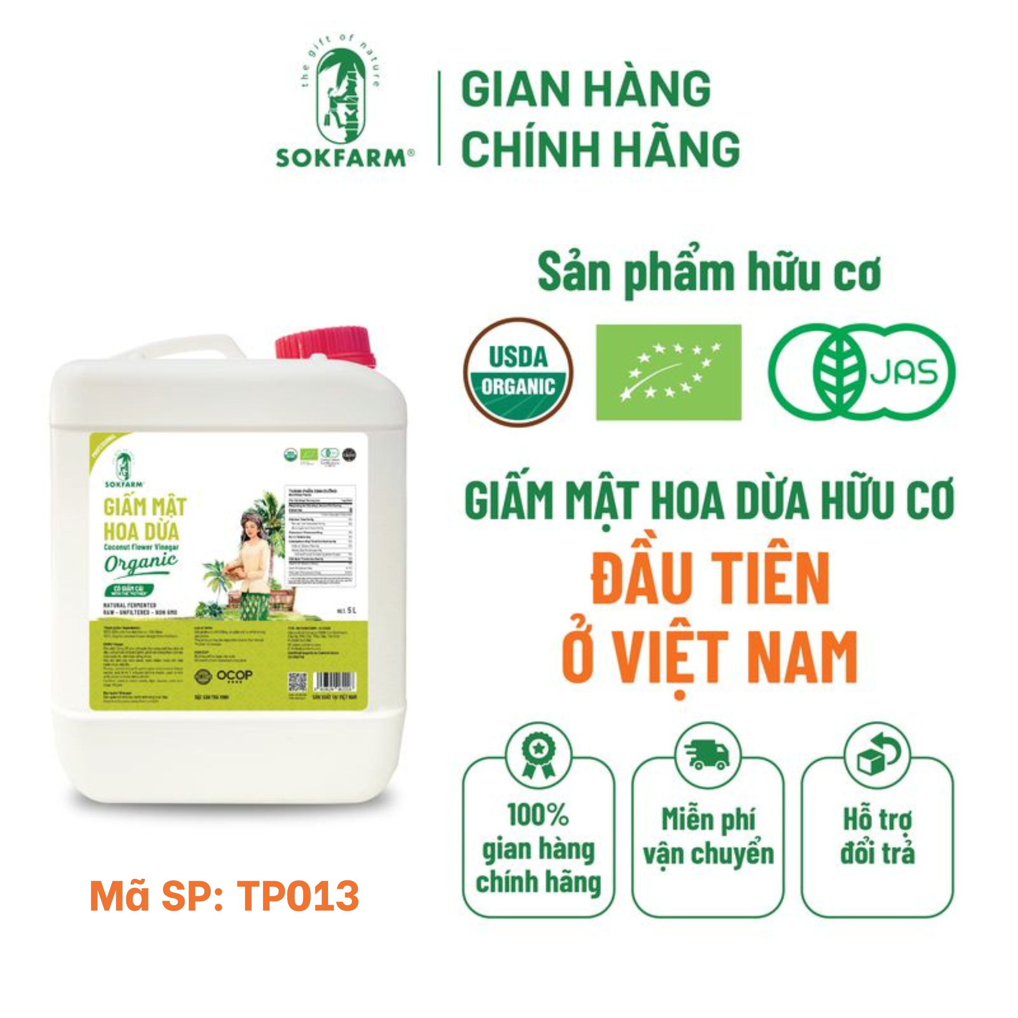 Giấm mật hoa dừa Organic Sokfarm Can 5 lít