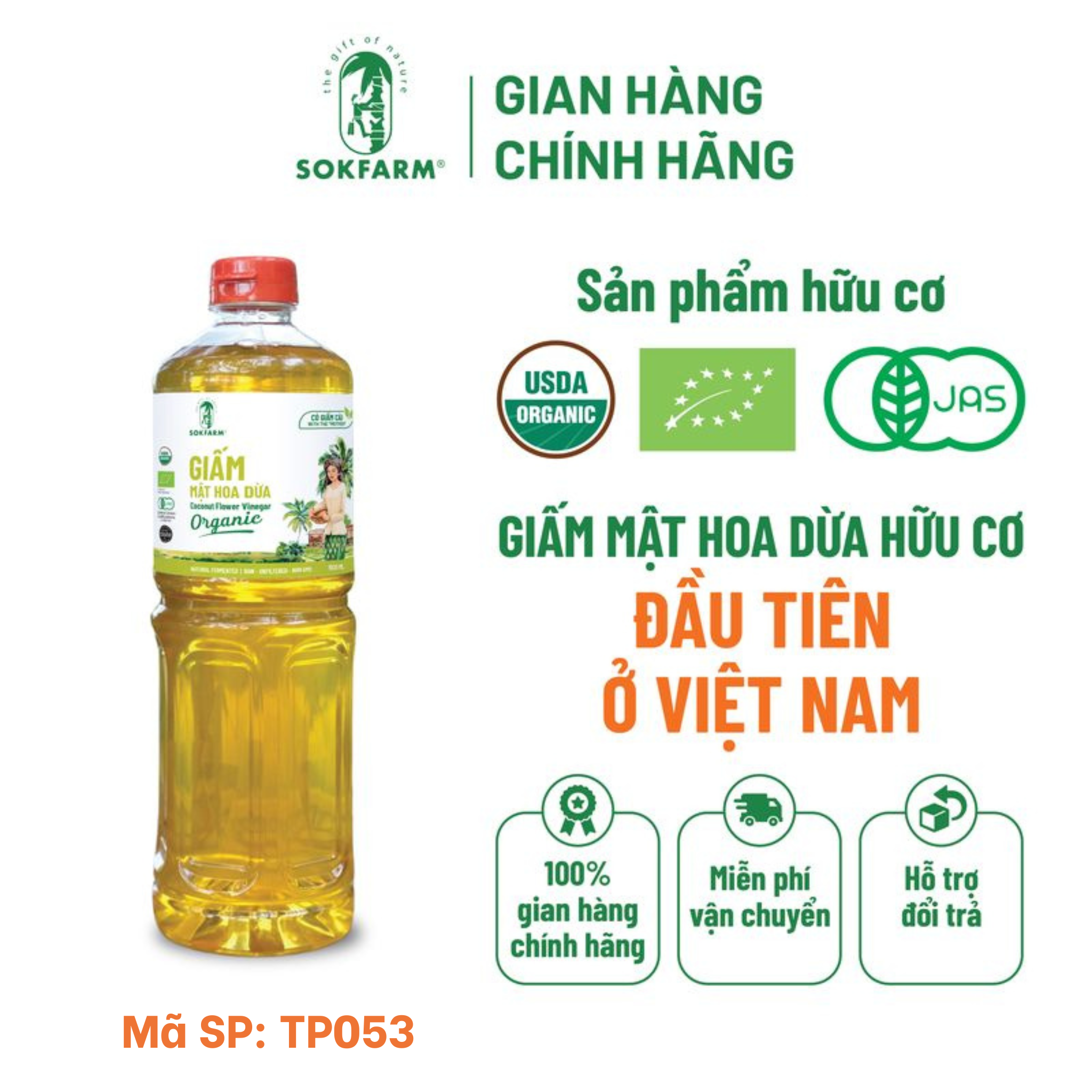 Giấm mật hoa dừa Organic Sokfarm 1lít
