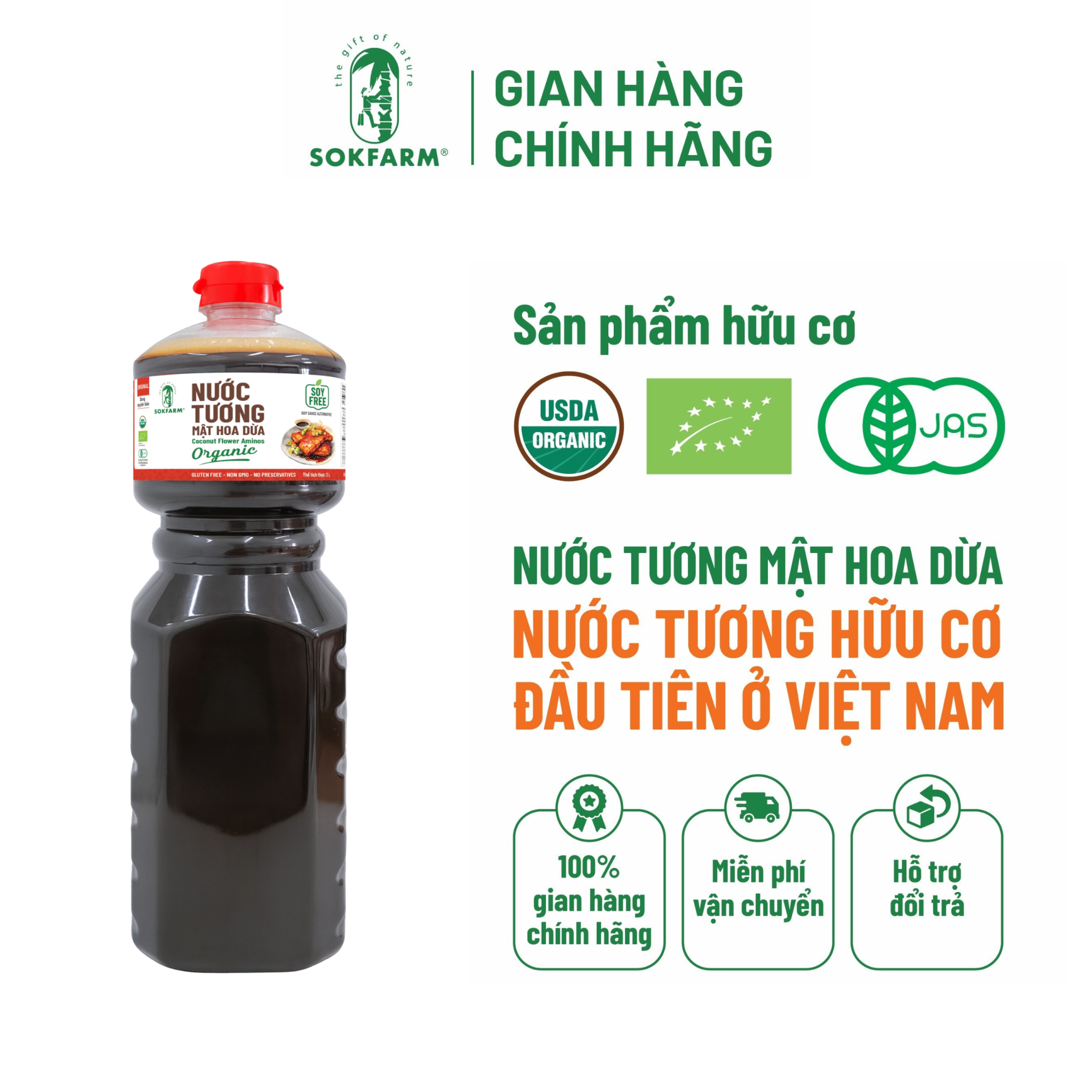 Nước tương mật hoa dừa organic Sokfarm 2L - Dòng nguyên bản