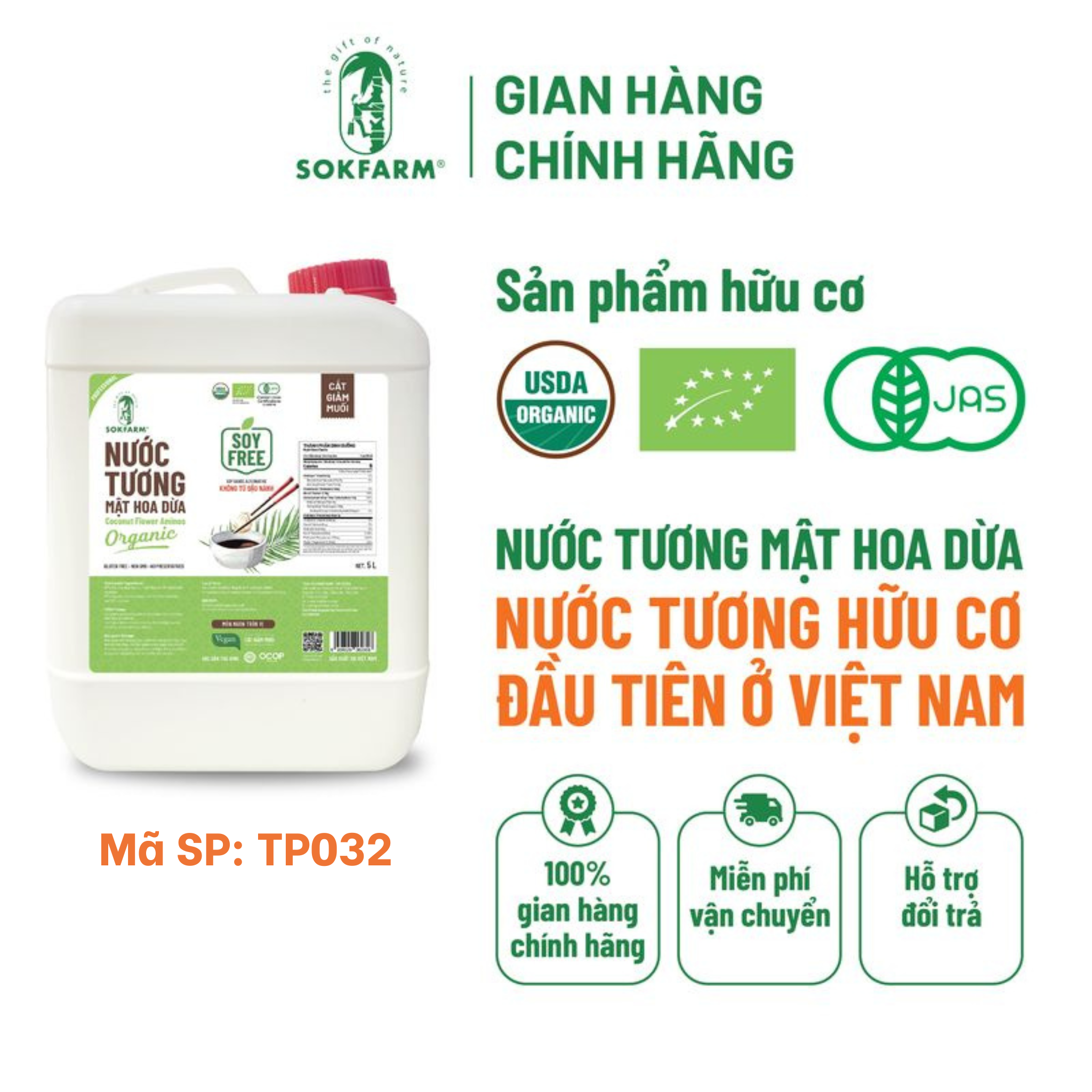 Nước tương mật hoa dừa Organic Sokfarm 5 lít - Dòng ít muối
