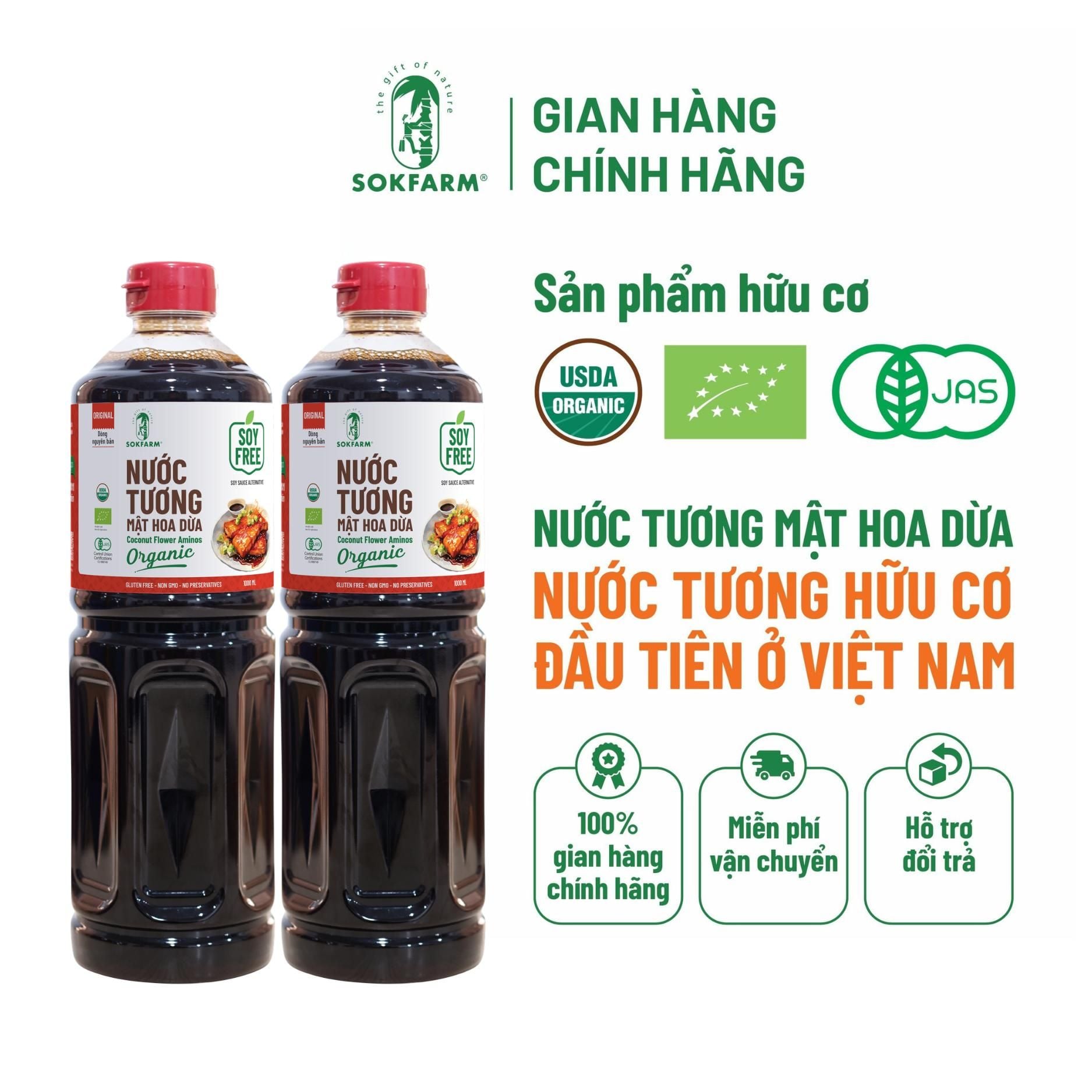 Combo 2 Chai Nước tương mật hoa dừa hữu cơ Sokfarm 1L - Dòng nguyên bản