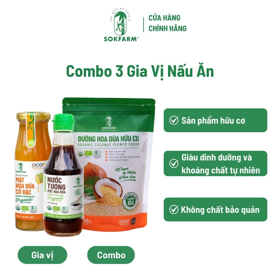 Combo 3 Gia Vị Mật Hoa Dừa Hữu Cơ Sokfarm – Tháng 9 (Nước Tương, Mật Cô Đặc, Đường)