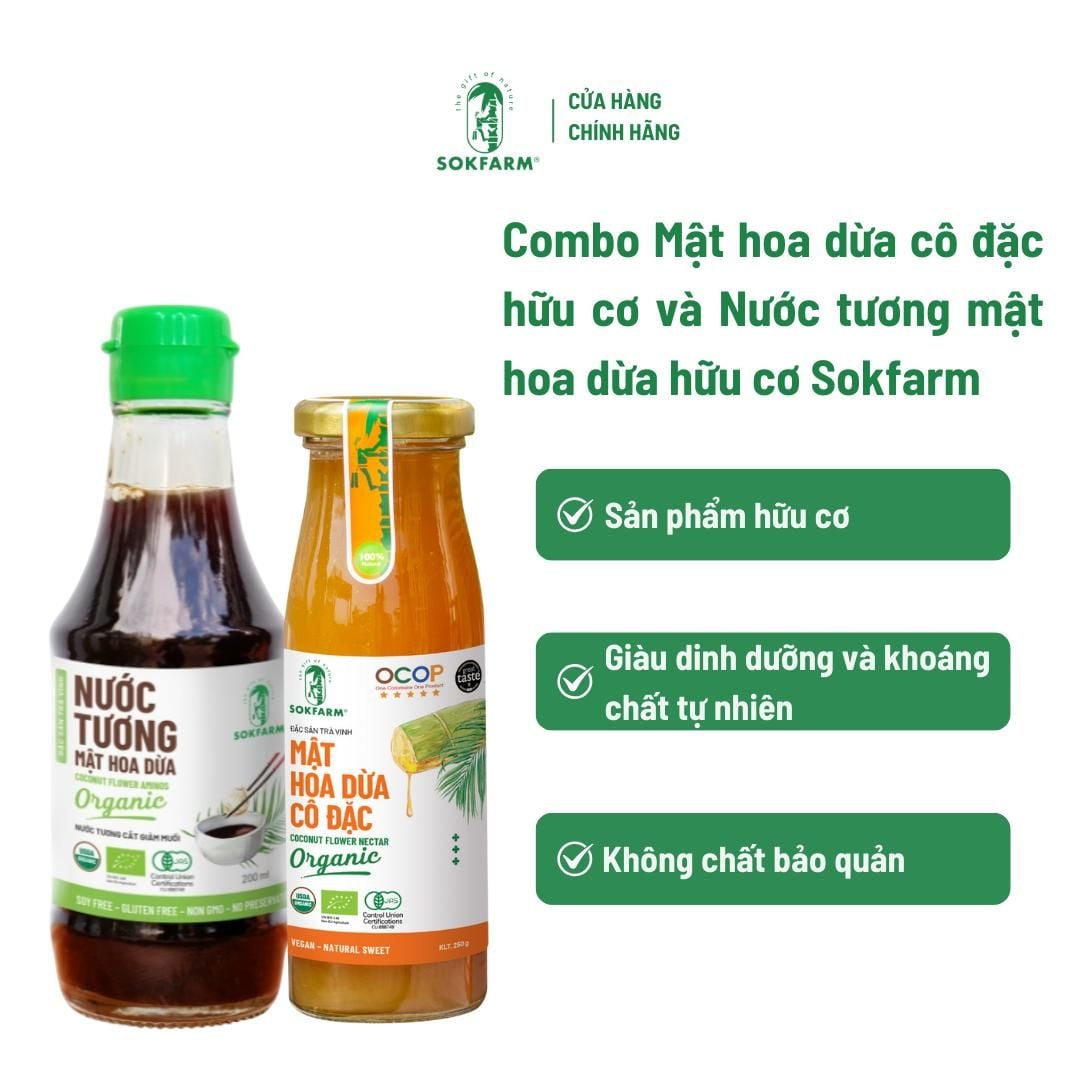Combo Mật hoa dừa cô đặc hữu cơ và Nước tương mật hoa dừa hữu cơ Sokfarm