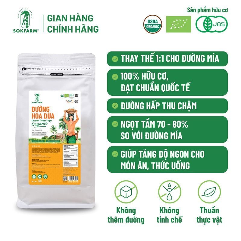 Đường hoa dừa Organic Sokfarm 1kg
