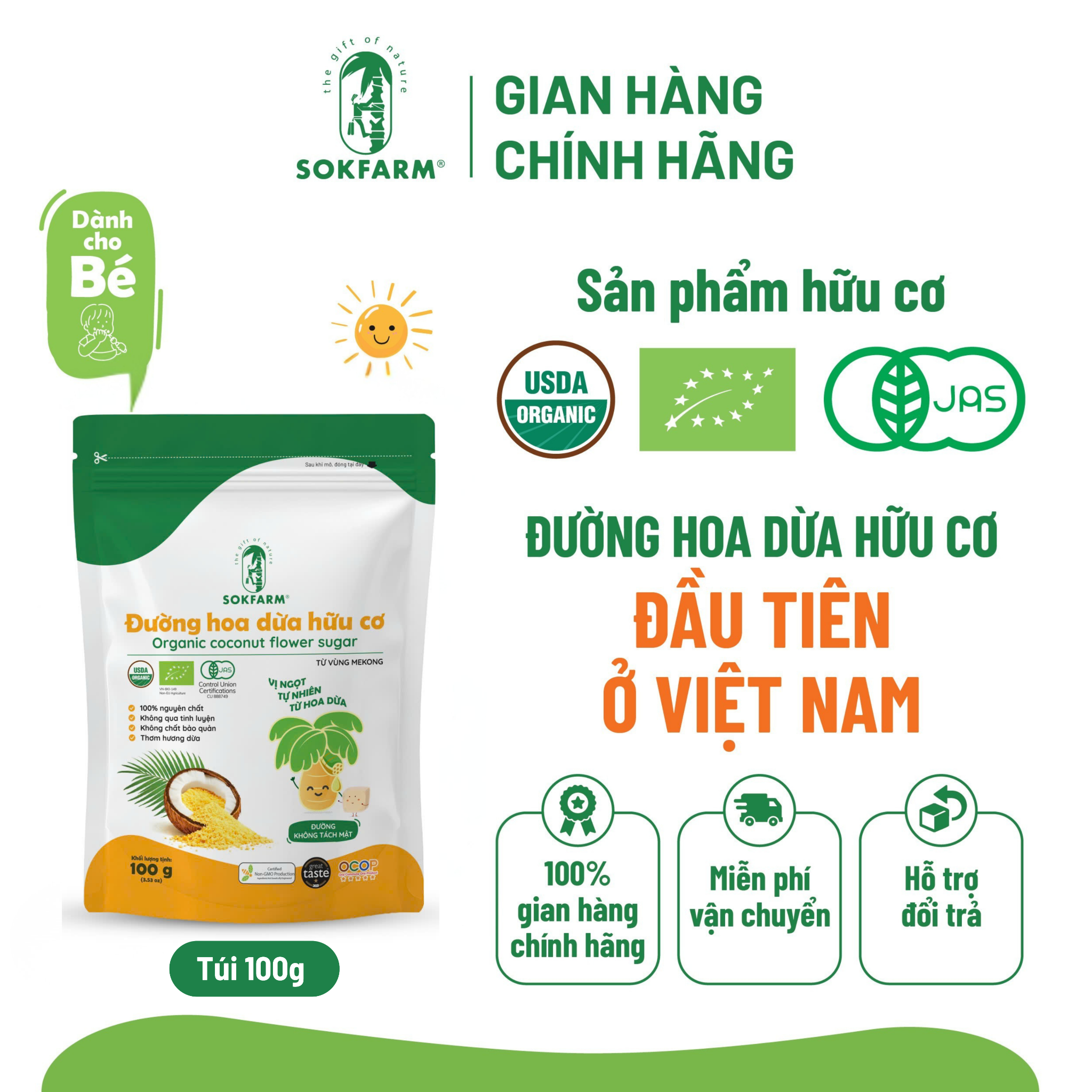 Đường hoa dừa Organic Sokfarm 100g_Cho bé