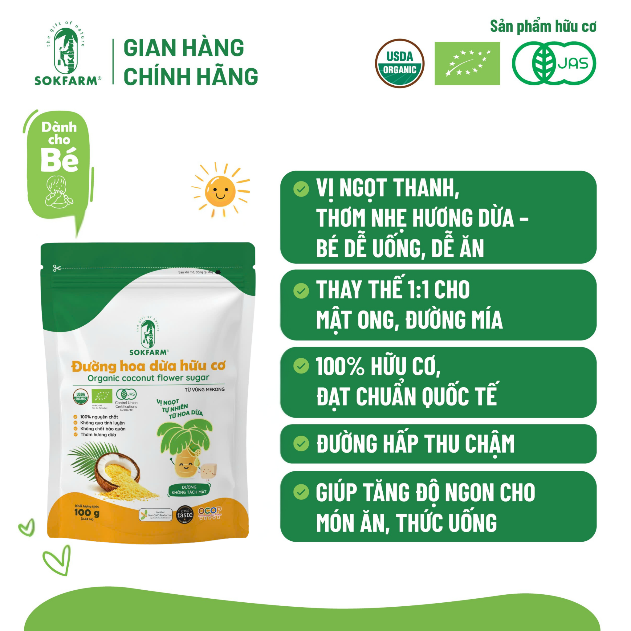 Đường hoa dừa Organic Sokfarm 100g_Cho bé