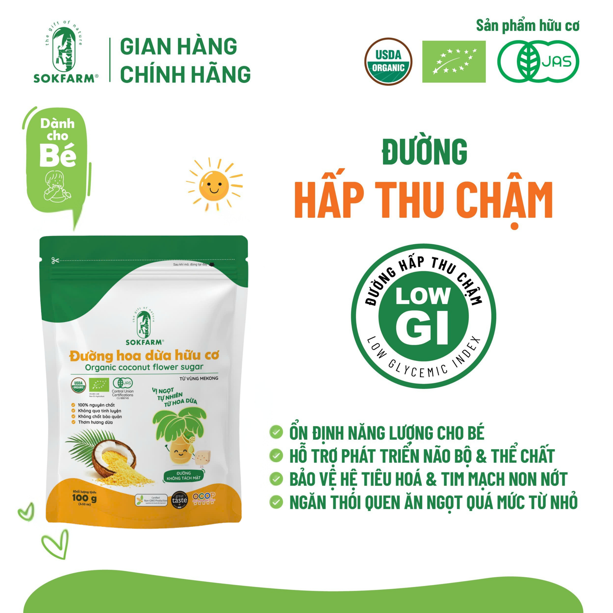 Đường hoa dừa Organic Sokfarm 100g_Cho bé