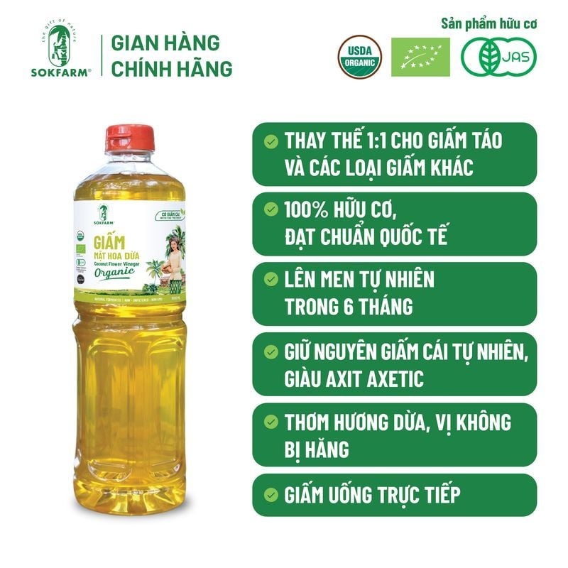 Giấm mật hoa dừa Organic Sokfarm 1lít