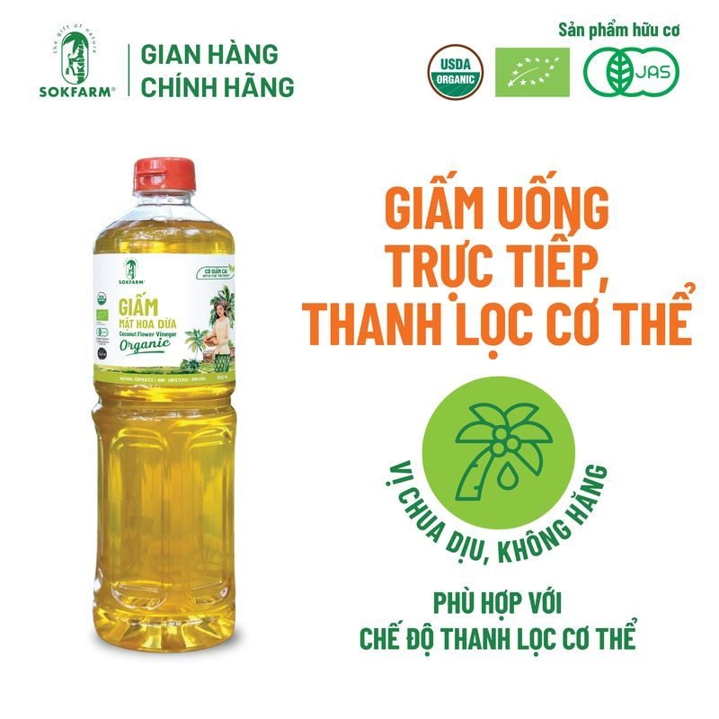 Giấm mật hoa dừa Organic Sokfarm 1lít