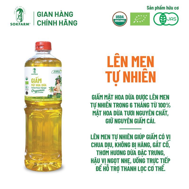 Giấm mật hoa dừa Organic Sokfarm 1lít