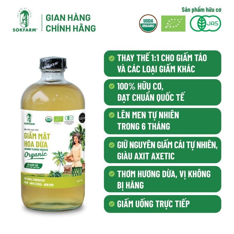 Giấm mật hoa dừa Organic Sokfarm 500ml
