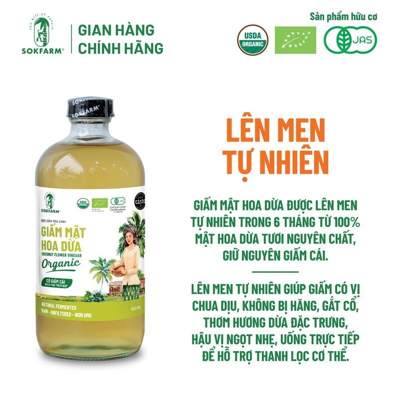 Giấm mật hoa dừa Organic Sokfarm 500ml