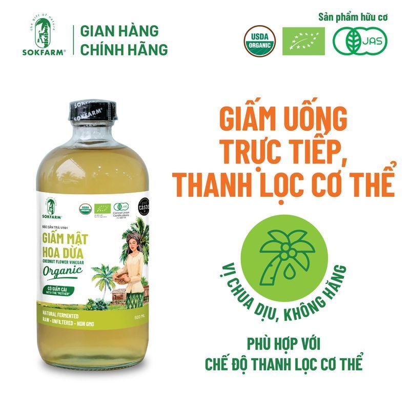 Giấm mật hoa dừa Organic Sokfarm 500ml