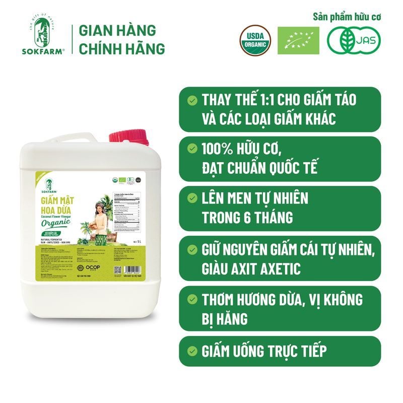 Giấm mật hoa dừa Organic Sokfarm Can 5 lít
