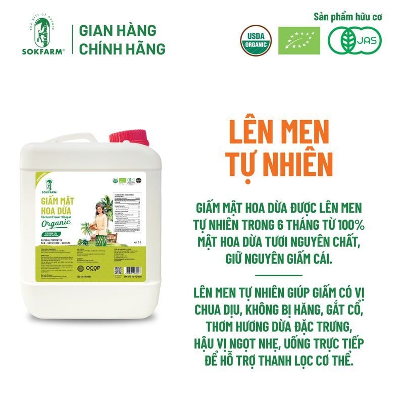 Giấm mật hoa dừa Organic Sokfarm Can 5 lít