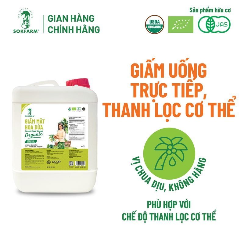 Giấm mật hoa dừa Organic Sokfarm Can 5 lít