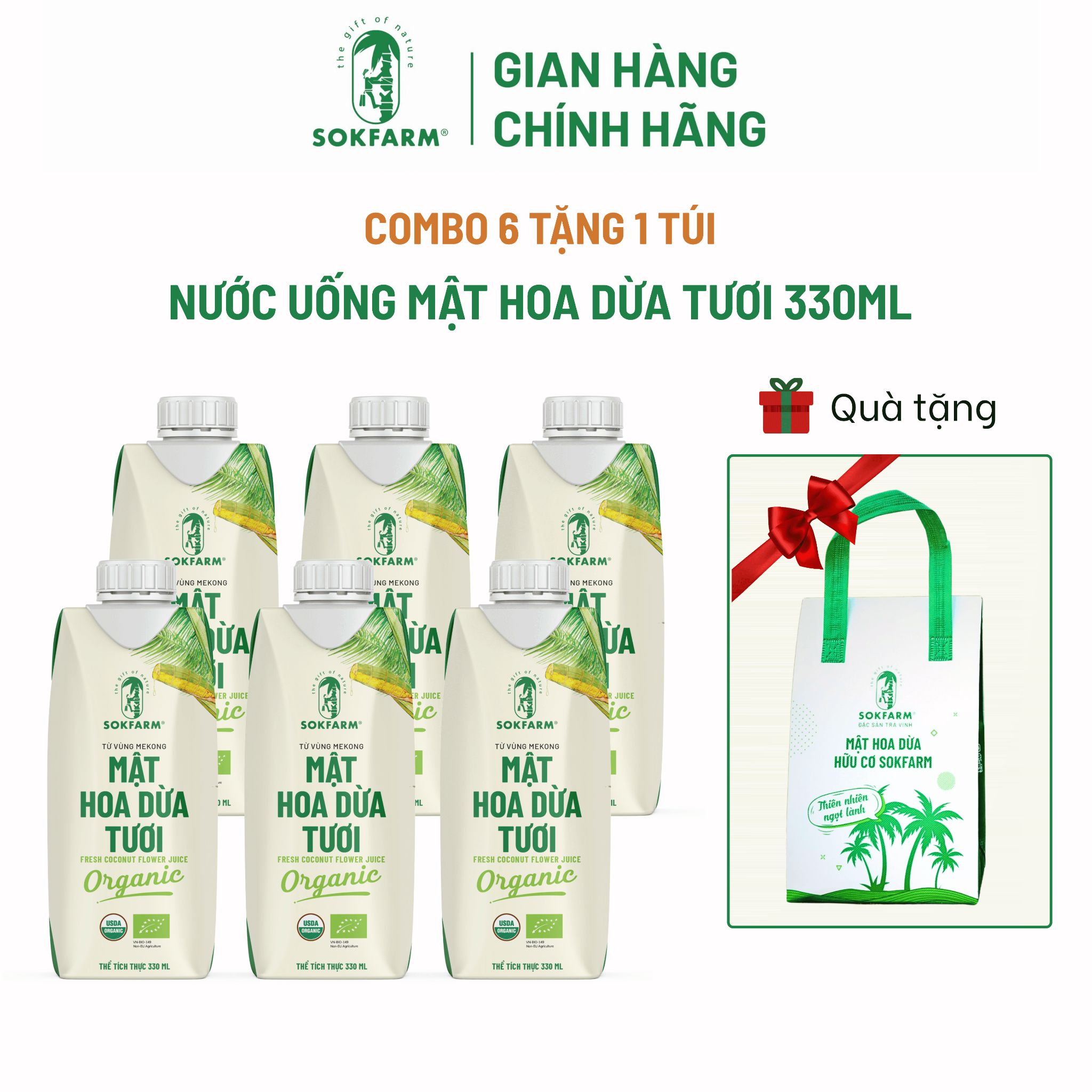 [COMBO 6 HỘP - Tặng túi giữ nhiệt] Mật hoa dừa tươi Organic Sokfarm 330ml - UHT Single