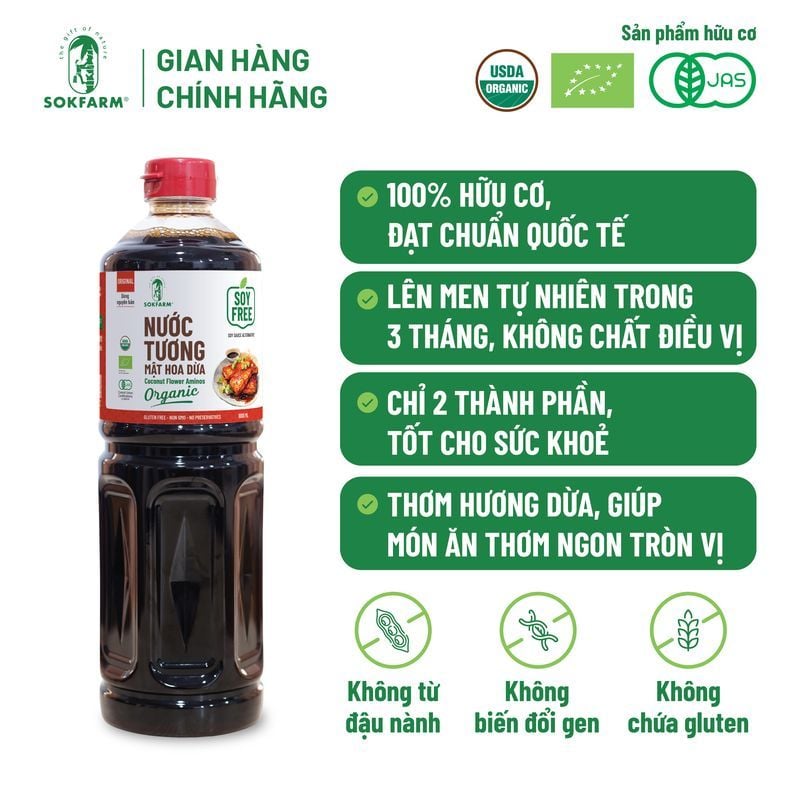 Nước tương mật hoa dừa organic Sokfarm 1L - Dòng nguyên bản