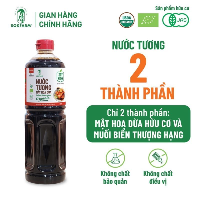 Nước tương mật hoa dừa organic Sokfarm 1L - Dòng nguyên bản