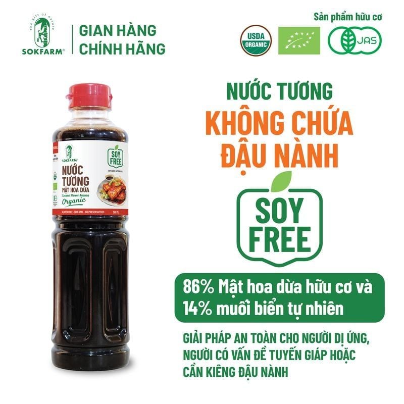 Nước tương mật hoa dừa Organic Sokfarm 500ml - Dòng nguyên bản