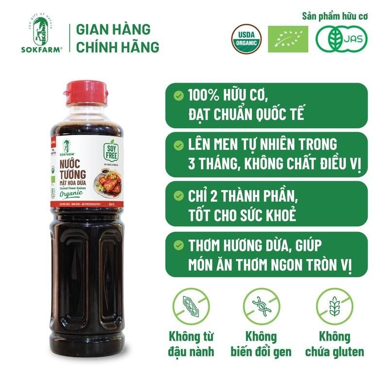Nước tương mật hoa dừa Organic Sokfarm 500ml - Dòng nguyên bản