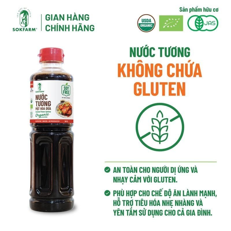 Nước tương mật hoa dừa Organic Sokfarm 500ml - Dòng nguyên bản