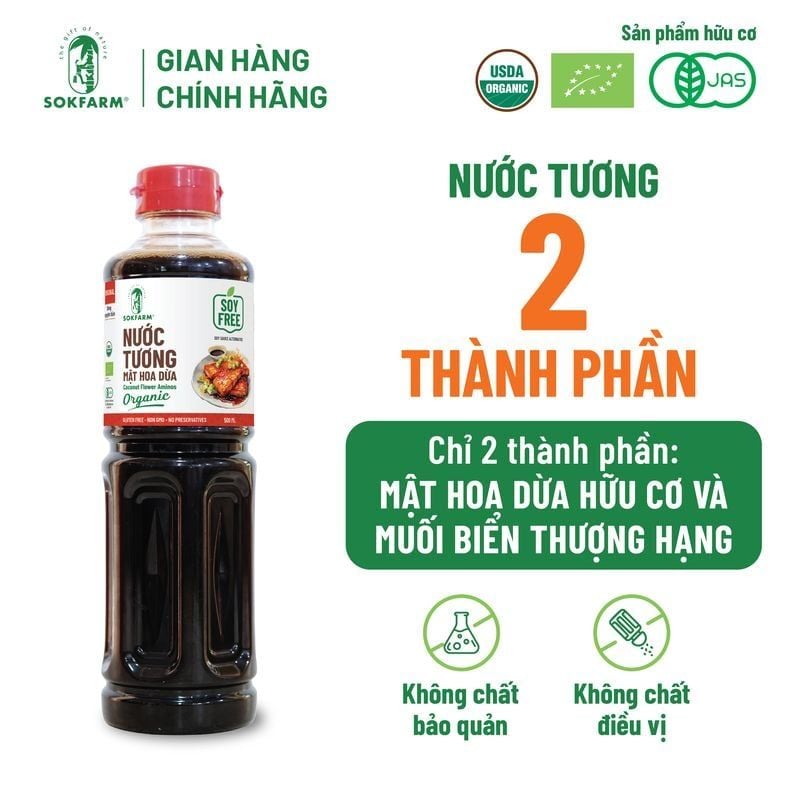 Nước tương mật hoa dừa Organic Sokfarm 500ml - Dòng nguyên bản