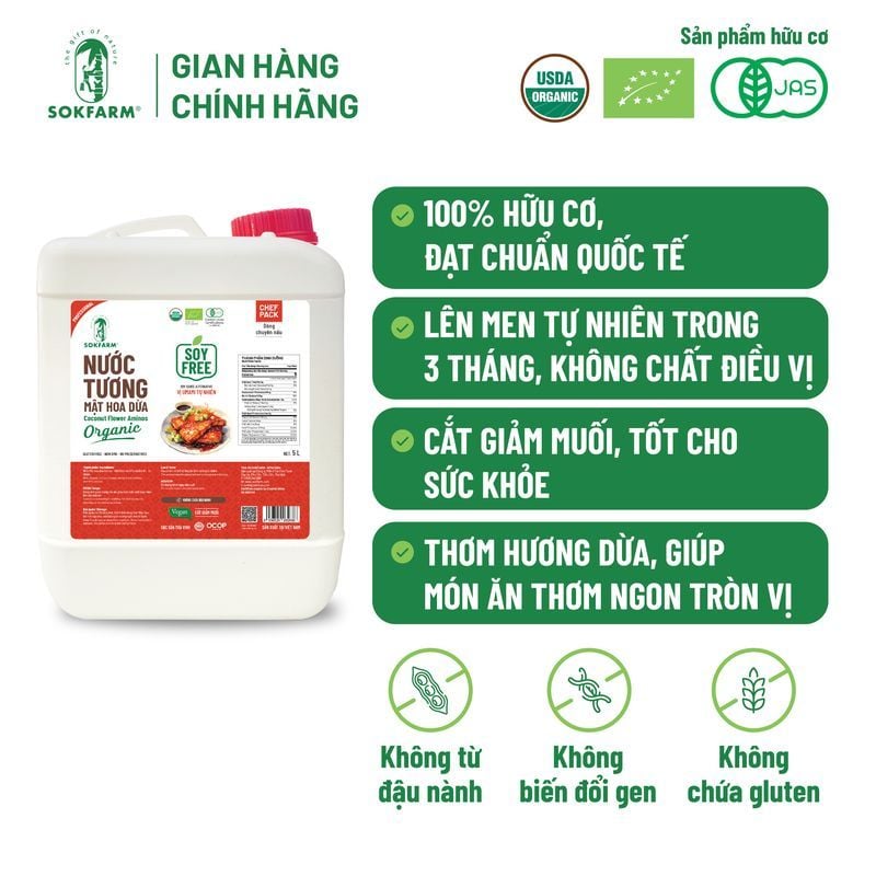 Nước tương mật hoa dừa Organic Sokfarm 5 lít - Dòng nguyên bản