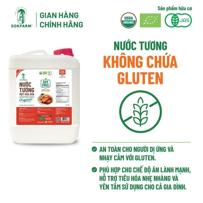Nước tương mật hoa dừa Organic Sokfarm 5 lít - Dòng nguyên bản