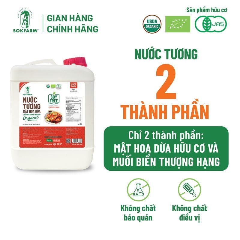 Nước tương mật hoa dừa Organic Sokfarm 5 lít - Dòng nguyên bản