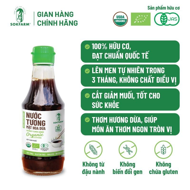 Nước tương mật hoa dừa Organic Sokfarm 200ml - dòng ít muối