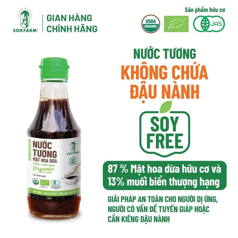 Nước tương mật hoa dừa Organic Sokfarm 200ml - dòng ít muối