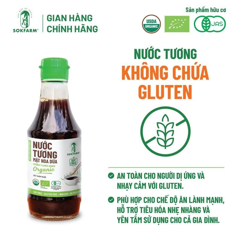 Nước tương mật hoa dừa Organic Sokfarm 200ml - dòng ít muối