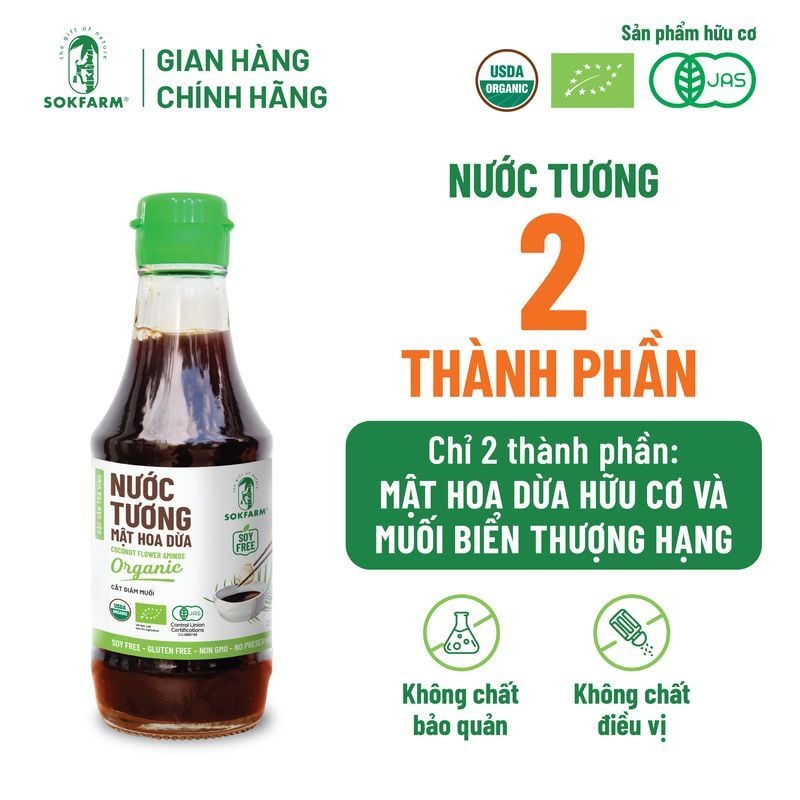 Nước tương mật hoa dừa Organic Sokfarm 200ml - dòng ít muối