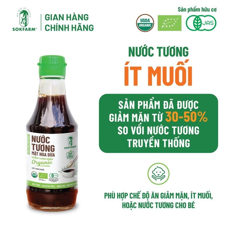Nước tương mật hoa dừa Organic Sokfarm 200ml - dòng ít muối