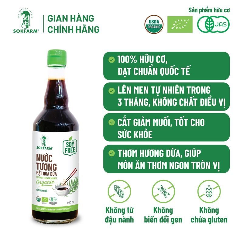 Nước tương mật hoa dừa Organic Sokfarm 500ml - Dòng ít muối