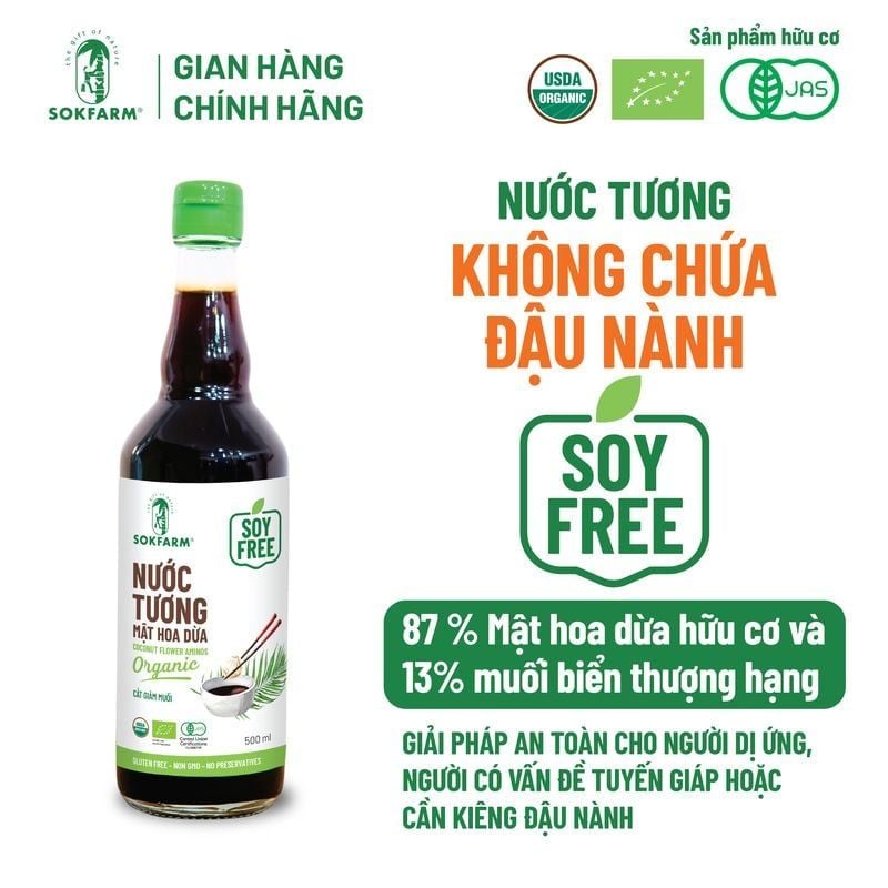 Nước tương mật hoa dừa Organic Sokfarm 500ml - Dòng ít muối