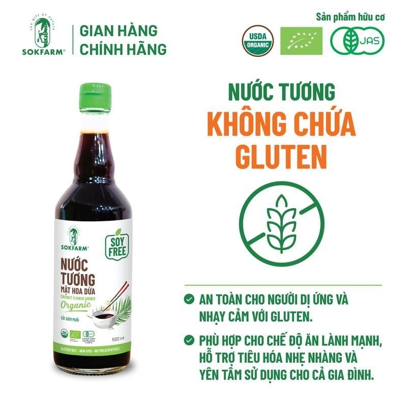 Nước tương mật hoa dừa Organic Sokfarm 500ml - Dòng ít muối