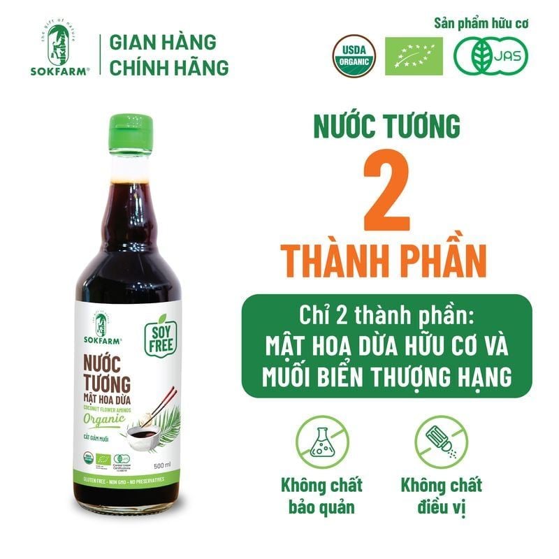 Nước tương mật hoa dừa Organic Sokfarm 500ml - Dòng ít muối