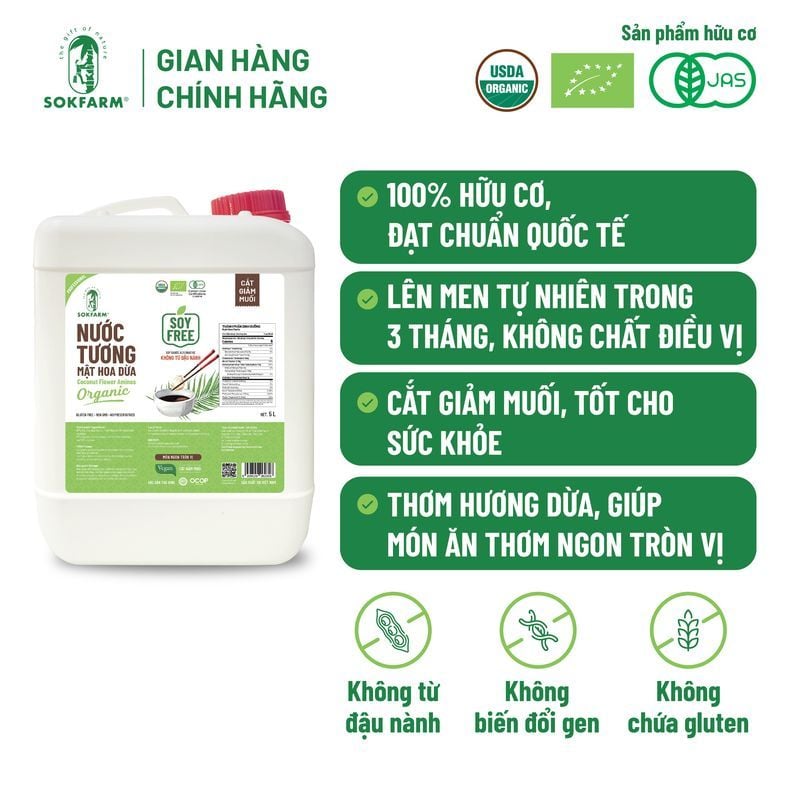 Nước tương mật hoa dừa Organic Sokfarm 5 lít - Dòng ít muối