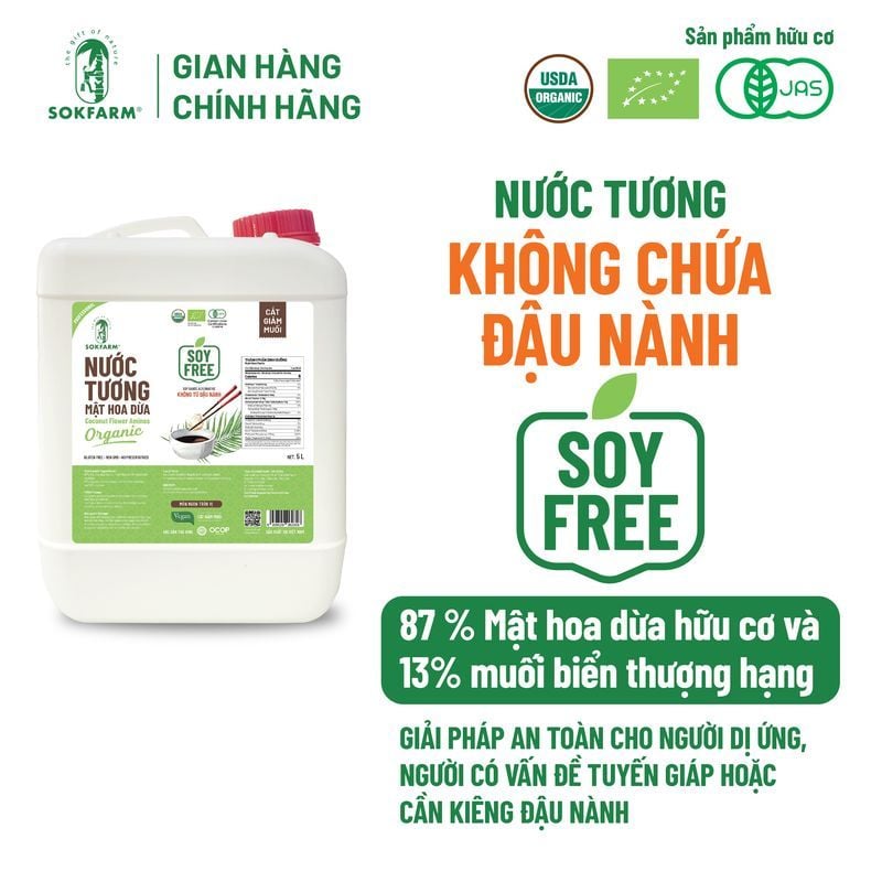 Nước tương mật hoa dừa Organic Sokfarm 5 lít - Dòng ít muối