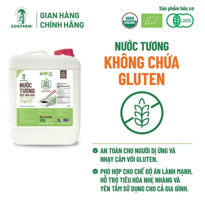 Nước tương mật hoa dừa Organic Sokfarm 5 lít - Dòng ít muối